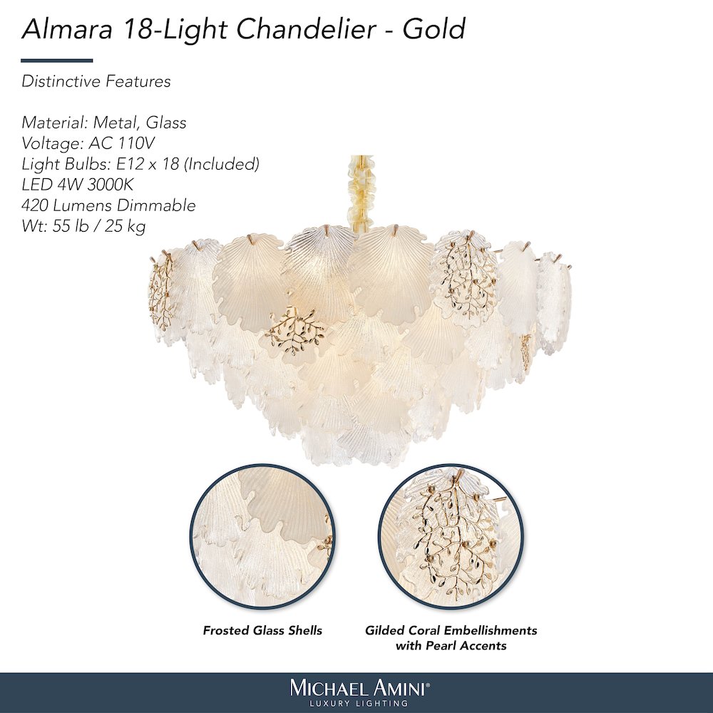 Almara 18-Light Frosted Glass Chandelier - Frost/Gold