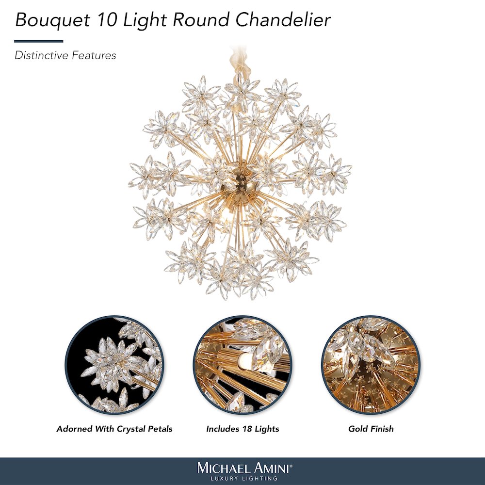 Bouquet 10-Light Round Crystal Chandelier - Gold