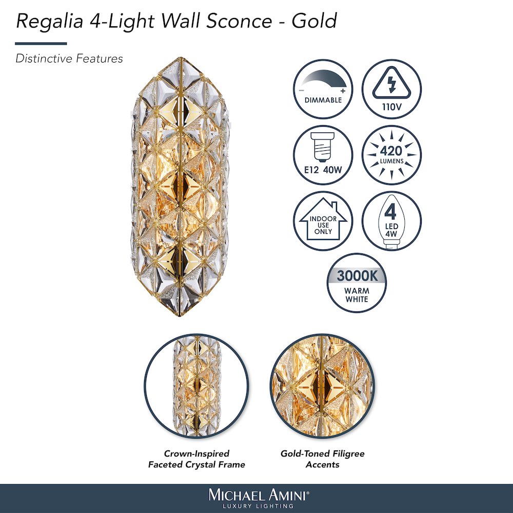 Regalia 4-Light Crystal Wall Sconce - Gold