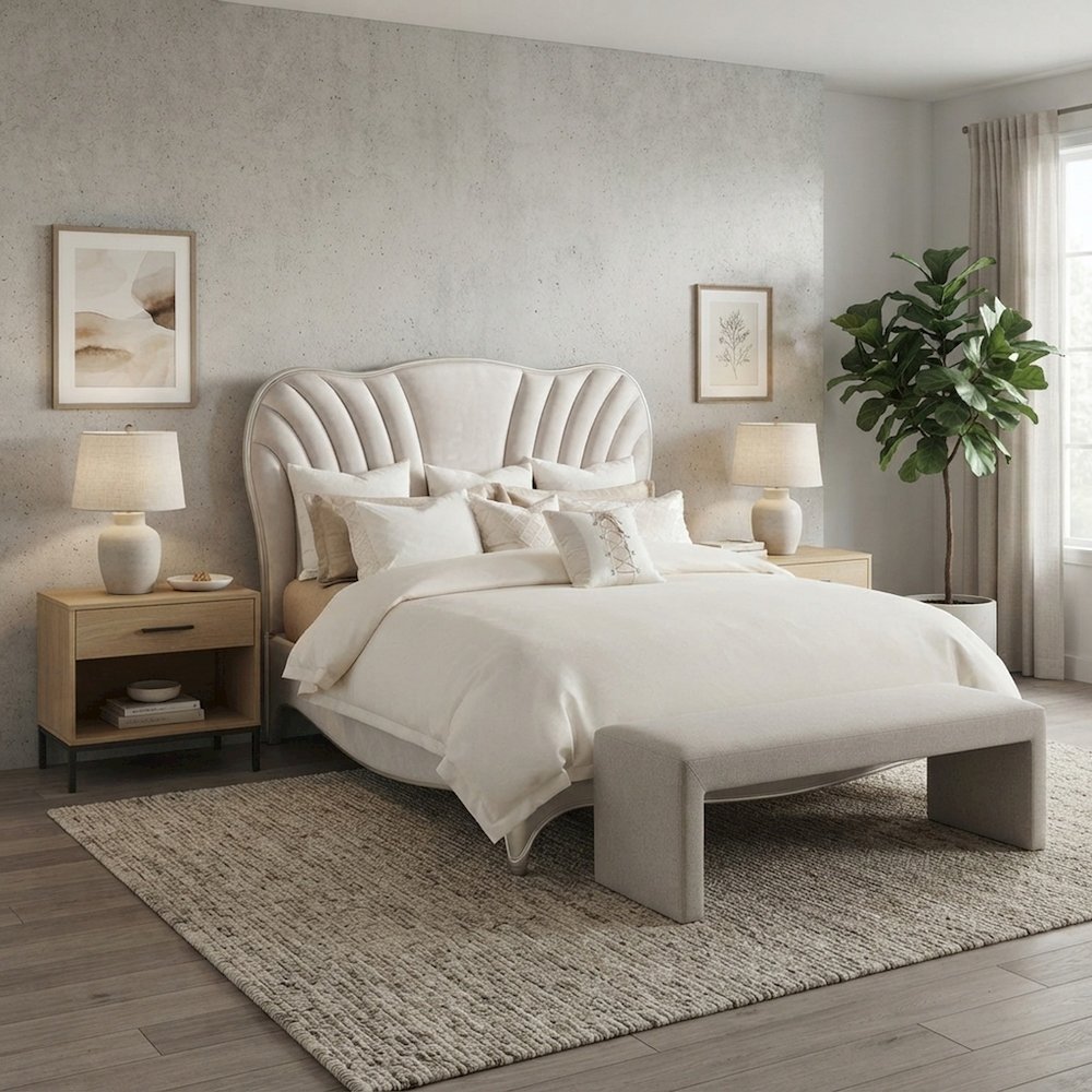 Starlight Canyon Home Velvet-Upholstered Panel Bed in Poplar, Creamy Pearl