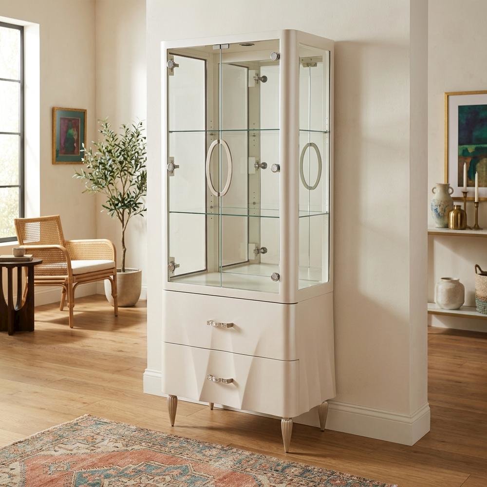 Creamy Pearl Display Cabinet with Glass Shelves in Elegant Finish