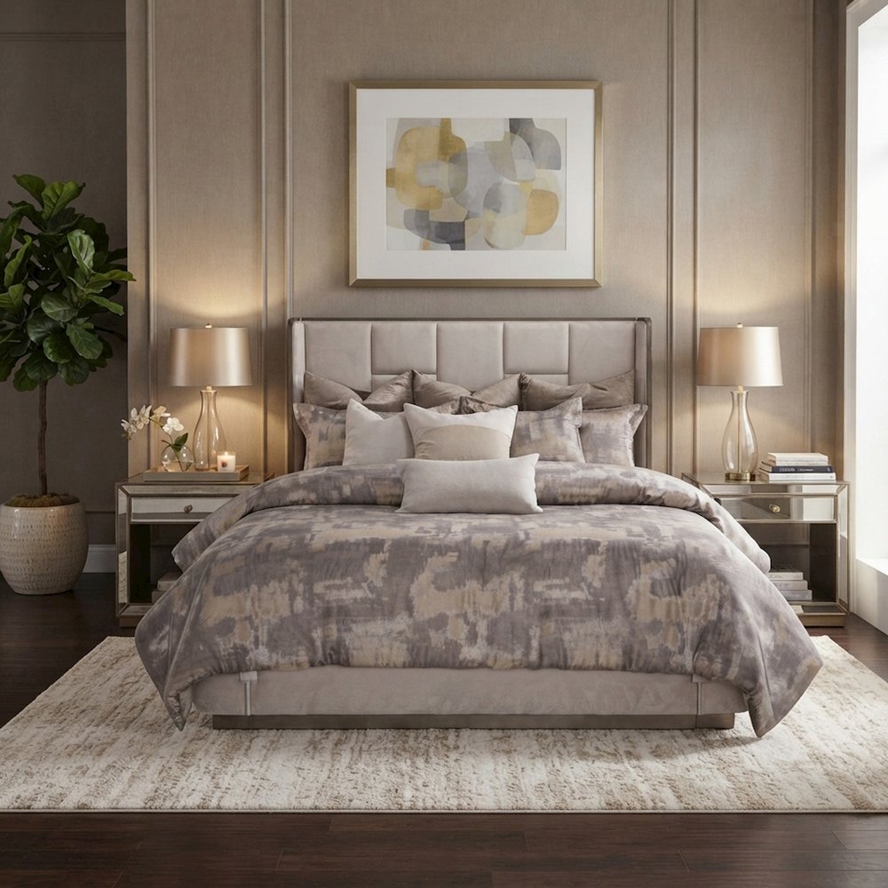 Starlight Canyon Home Panel Bed with Velvet-Upholstered Headboard, Slate