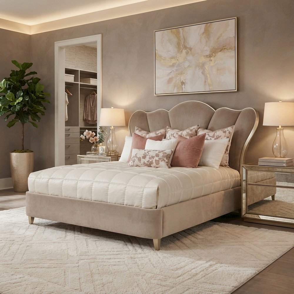 Starlight Canyon Home Tufted Bed with Velvet-Upholstered Frame, Hazelnut