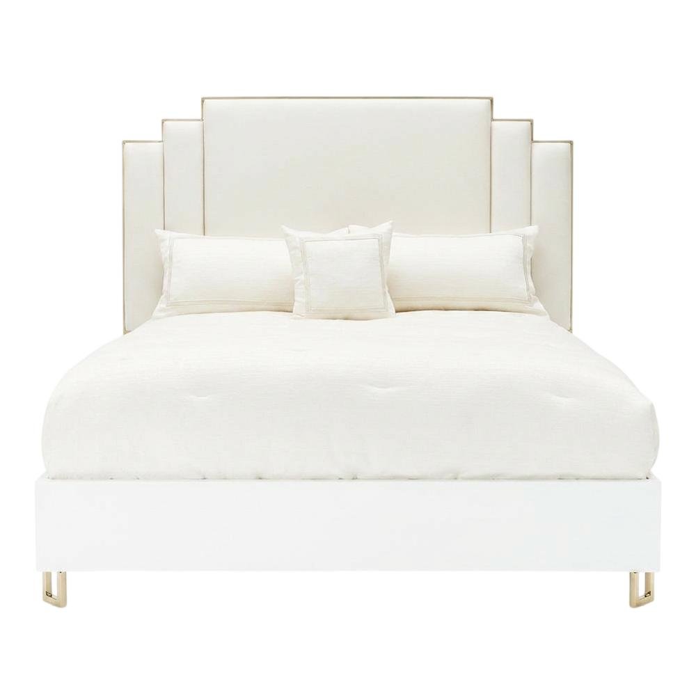 Upholstered Eastern King Bed in Cream with Polyester Fabric and Woven Finish