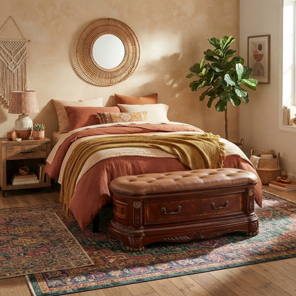 Starlight Canyon Home Leather-Upholstered Solid Wood Bench, Honey Walnut