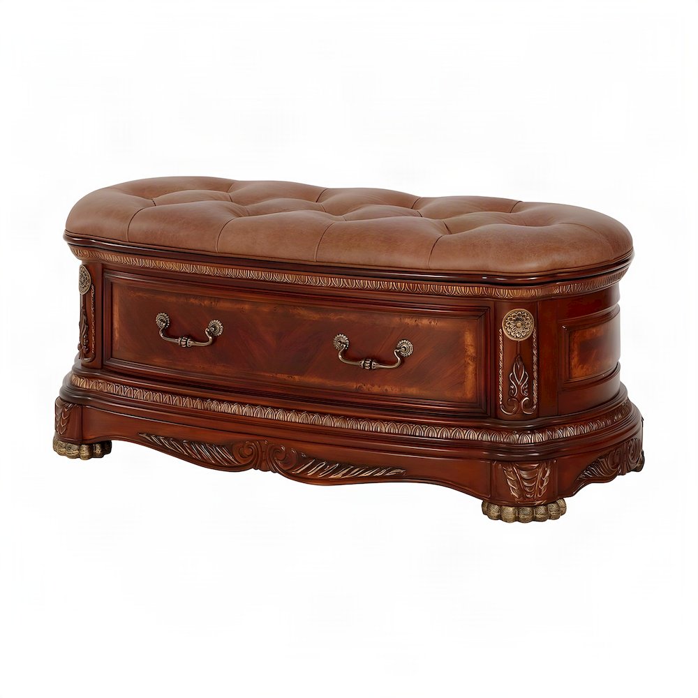 Starlight Canyon Home Leather-Upholstered Solid Wood Bench, Honey Walnut