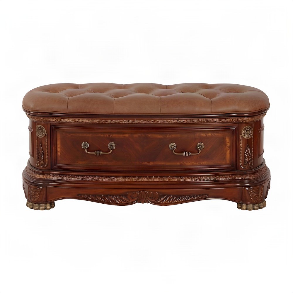 Starlight Canyon Home Leather-Upholstered Solid Wood Bench, Honey Walnut