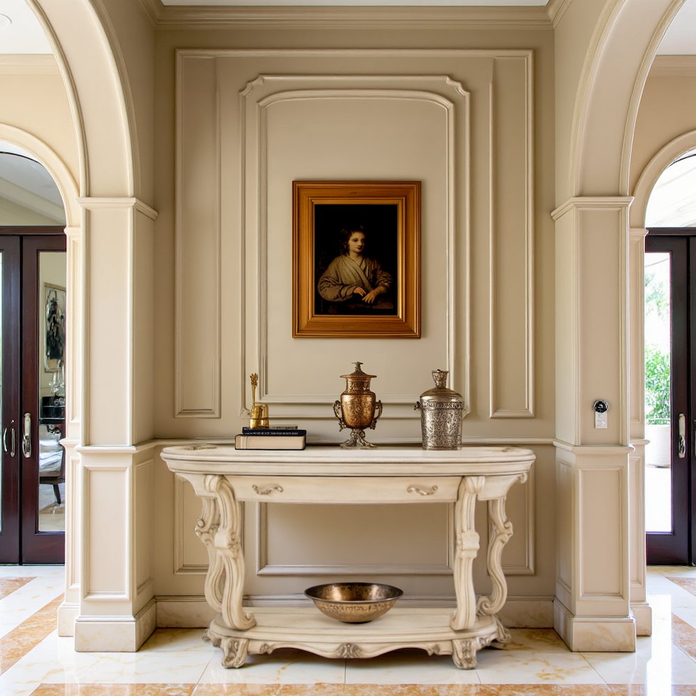 French Country Furniture – Beige Console Table for Entryway or Wall Use
