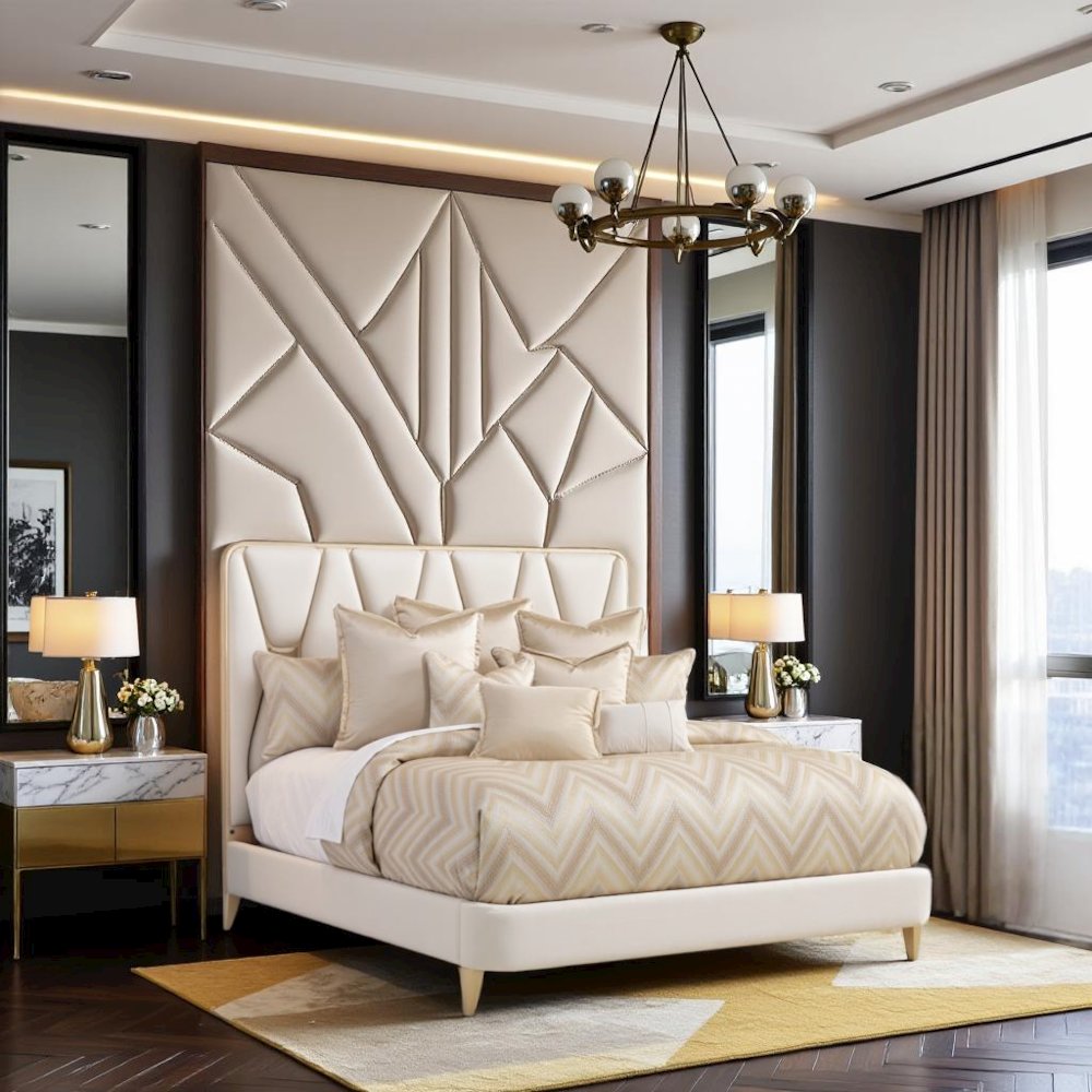 Champagne Color King Platform Bed with Headboard and Frame Design