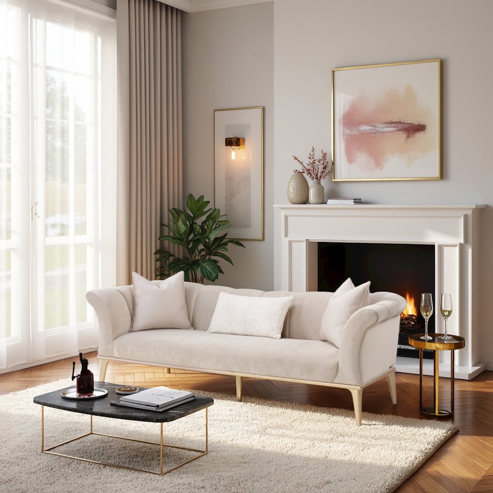 Beige Velvet Sofa for Living Room – Elegant 3 Seater 100 Inch Couch