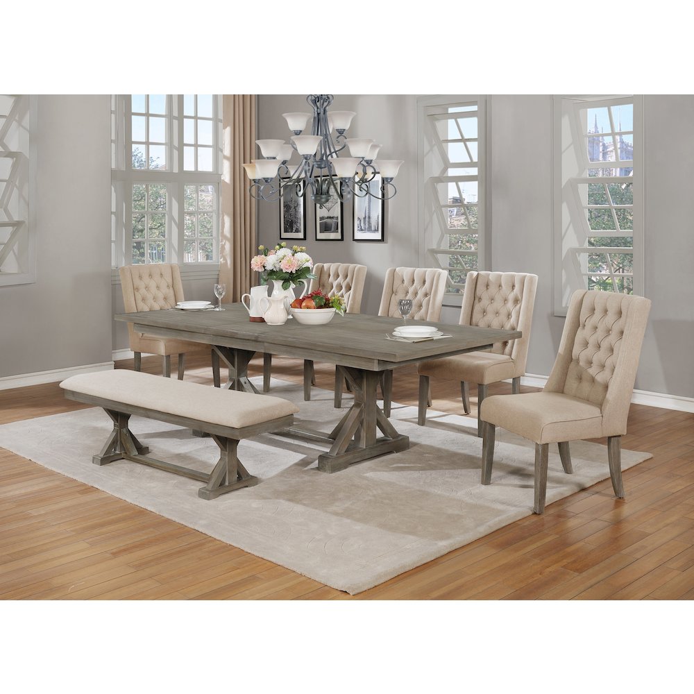 Classic Extension Dining 7 Piece Set w/18"Center Leaf, Bench & 5 Tufted Chairs in Beige Linen