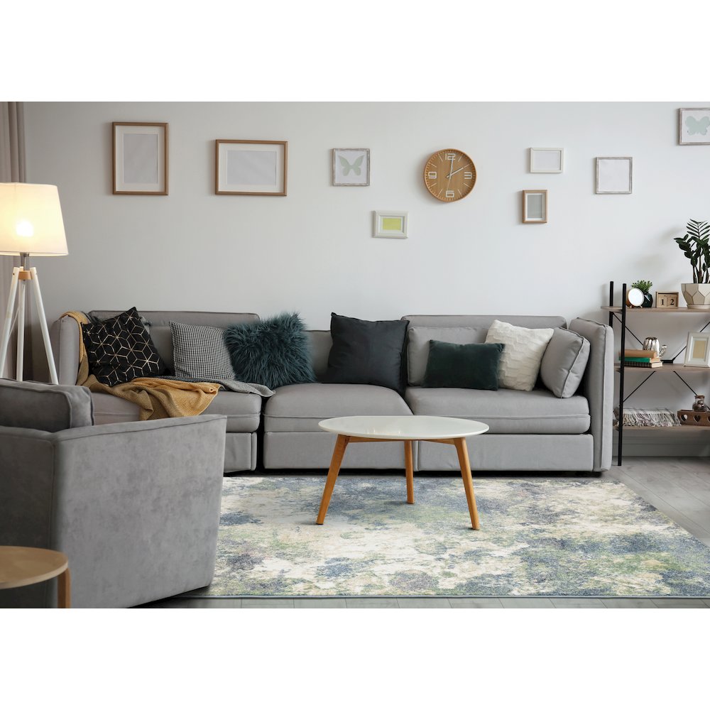 Davi Blue Green Cream Distressed Abstract Area Rug, 5'3" x 7'7"