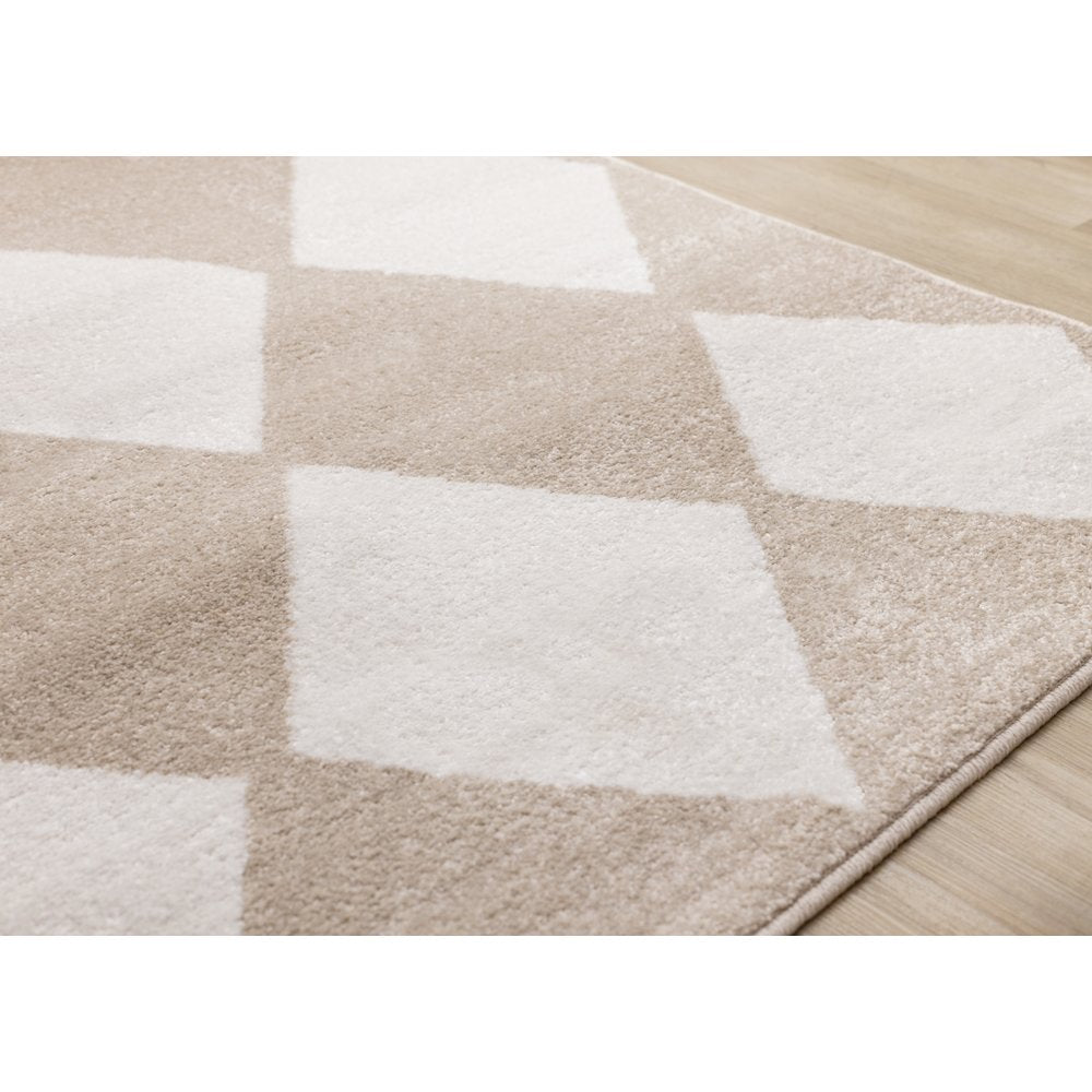 Boho Beige Cream Diamonds 7x10 Area Rug, Soft Indoor Carpet