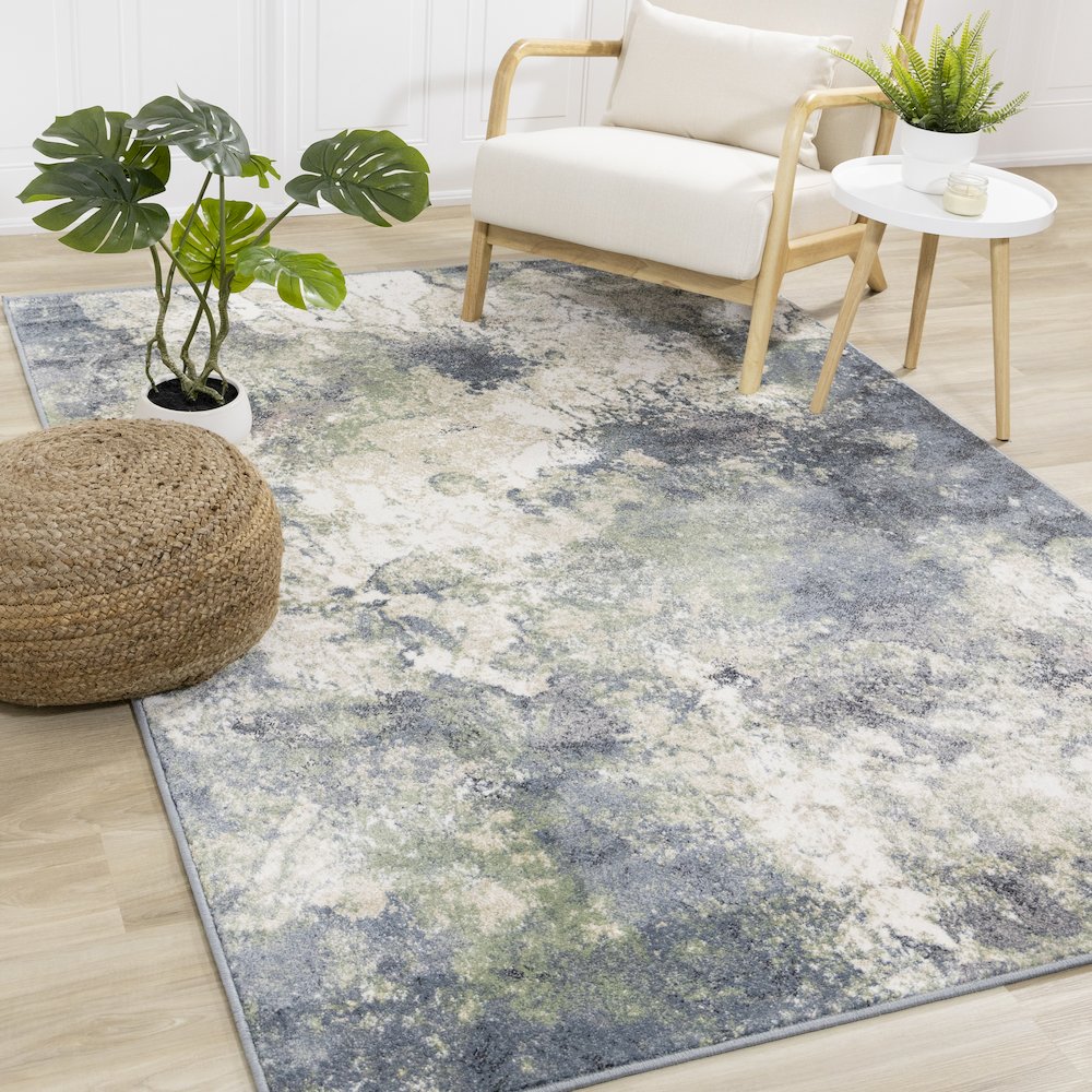 Davi Blue Green Cream Distressed Abstract Area Rug, 2'8" x 7'7"