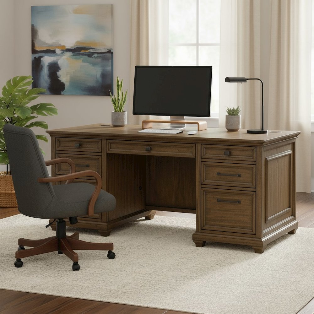 Wood Double Pedestal Desk, 7 Drawers, Locking File, Brown