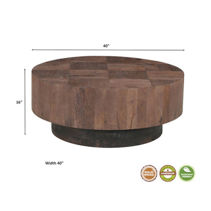 Reed Round Solid Wood Coffee Table with Brown Finish and Sculpted Base