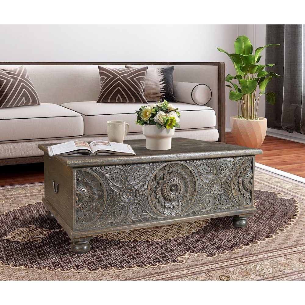 Lift-Top Coffee Table with Hidden Storage Decorative Floral Detail