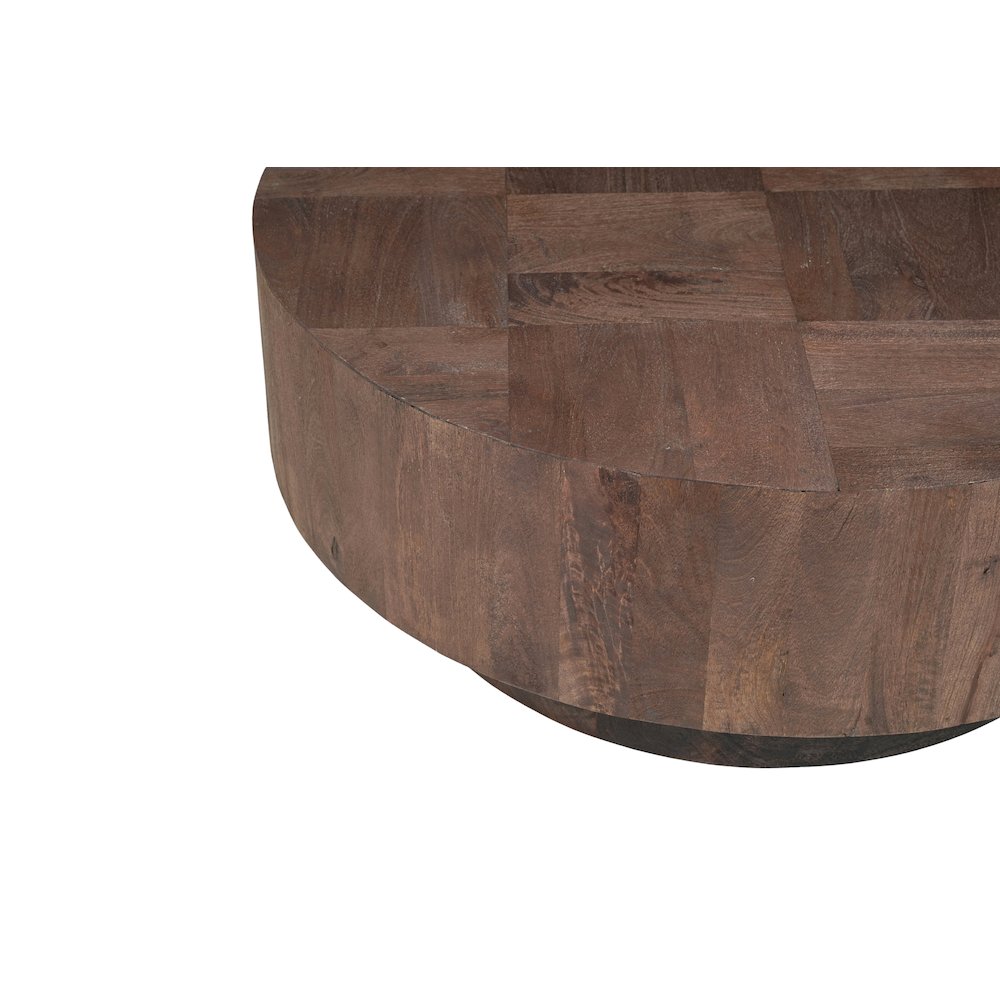 Reed Round Solid Wood Coffee Table with Brown Finish and Sculpted Base