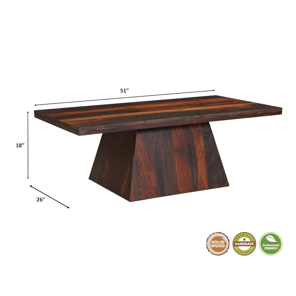 Marin Solid Wood Rectangular Coffee Table with Pedestal Base, Brown Finish