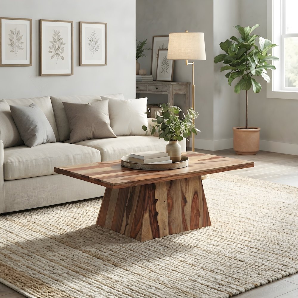 Solid Sheesham Wood Rectangular Coffee Table with Angular Pedestal Base