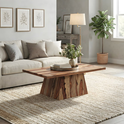 Solid Sheesham Wood Rectangular Coffee Table with Angular Pedestal Base