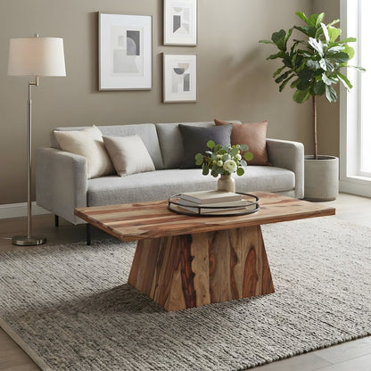 Solid Sheesham Wood Rectangular Coffee Table with Angular Pedestal Base