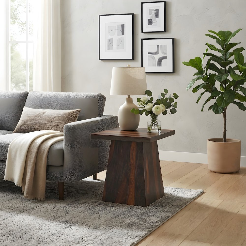 Solid Sheesham Wood Square End Table with Angular Pedestal Base for Living Room