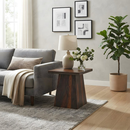 Solid Sheesham Wood Square End Table with Angular Pedestal Base for Living Room