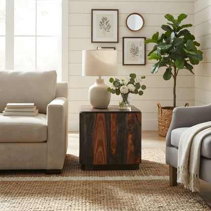 Sheesham Wood Square End Table with Low-Profile Platform Base