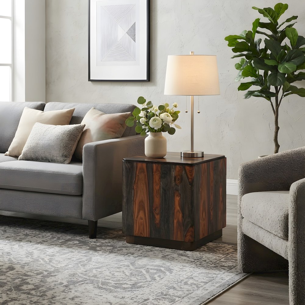 Sheesham Wood Square End Table with Low-Profile Platform Base