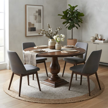 Solid Mango Wood Round Pedestal Dining Table with Carved Base for Dining Room