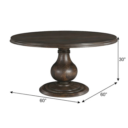 Round Solid Mango Wood Dining Table with Carved Pedestal Base, Seats Six