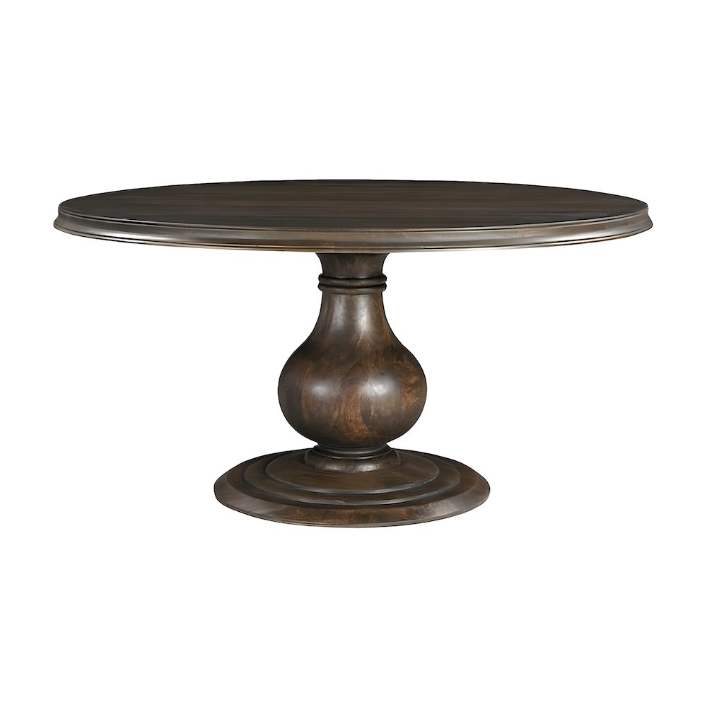 Round Solid Mango Wood Dining Table with Carved Pedestal Base, Seats Six