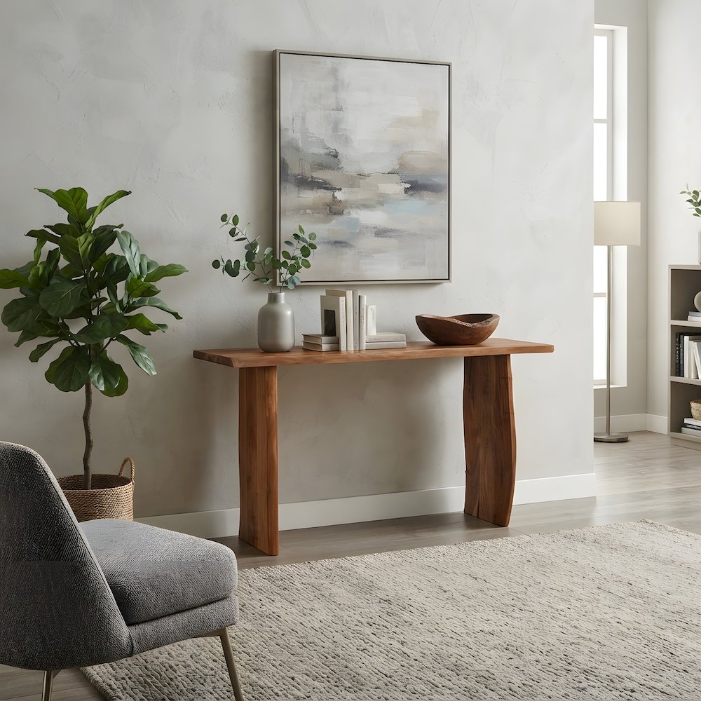 Solid Acacia Wood Narrow Console Table with Live Edge for Entryway
