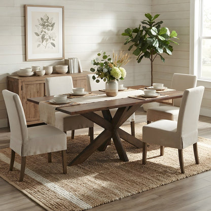 Solid Mango Wood Rectangular Dining Table with Cross-Leg Base, Seats Six