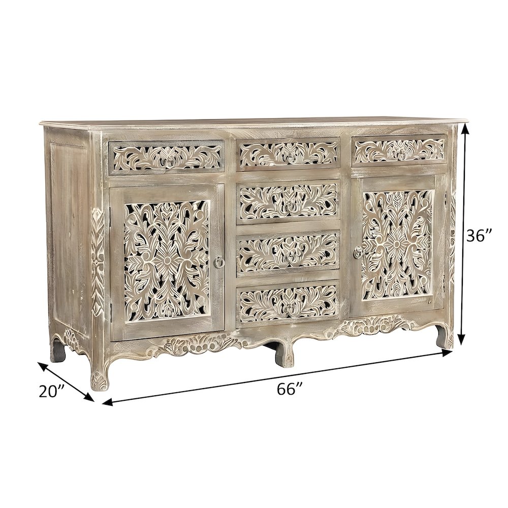 Floral Carved Solid Mango Wood Sideboard with Drawers and Doors for Dining Room