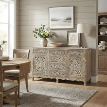 Floral Carved Solid Mango Wood Sideboard with Drawers and Doors for Dining Room