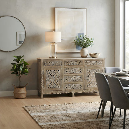 Floral Carved Solid Mango Wood Sideboard with Drawers and Doors for Dining Room