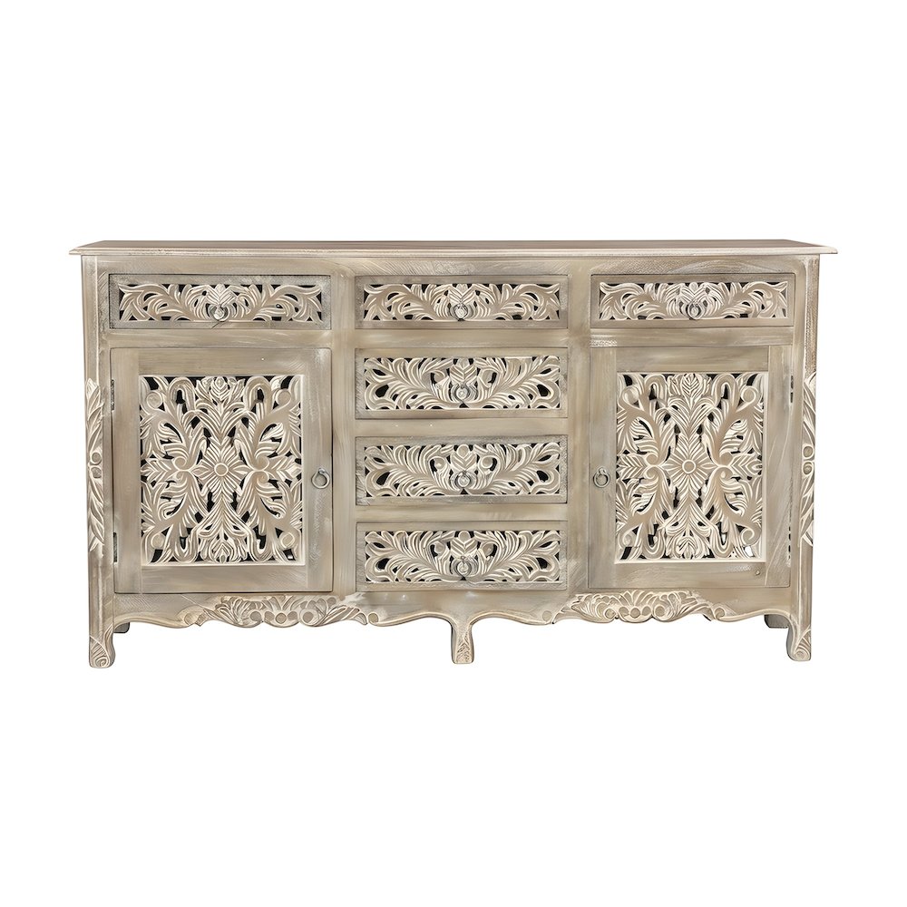 Floral Carved Solid Mango Wood Sideboard with Drawers and Doors for Dining Room