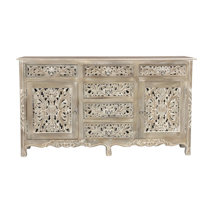 Floral Carved Solid Mango Wood Sideboard with Drawers and Doors for Dining Room