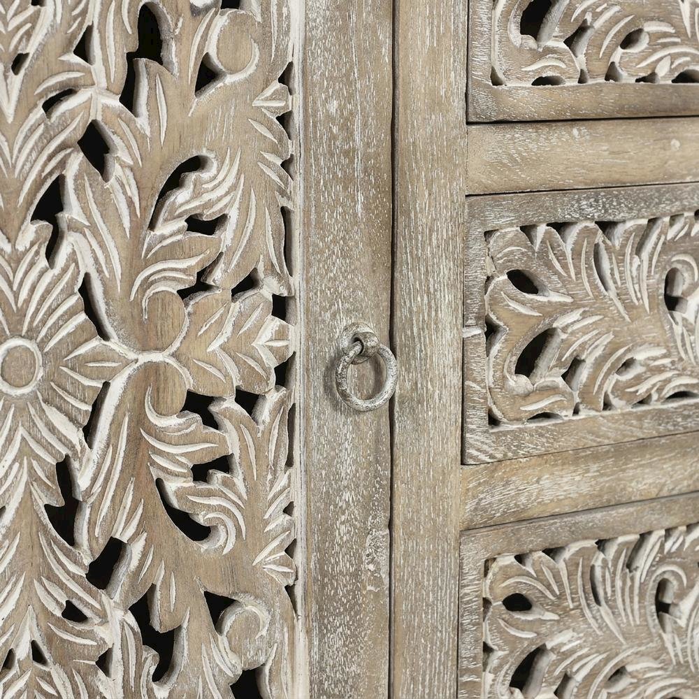 Floral Carved Solid Mango Wood Sideboard with Drawers and Doors for Dining Room