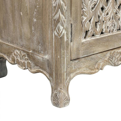 Floral Carved Solid Mango Wood Sideboard with Drawers and Doors for Dining Room