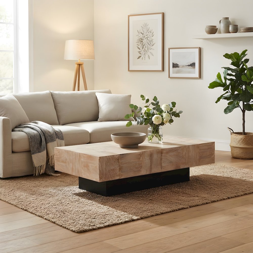 Solid Mango Wood Coffee Table with Clean-Line Rectangular Top for Living Room