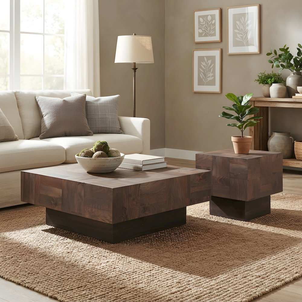 Solid Mango Wood Living Room Coffee Table and End Table Set with Storage