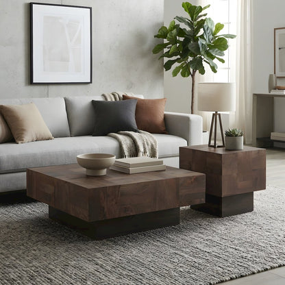 Solid Mango Wood Living Room Coffee Table and End Table Set with Storage