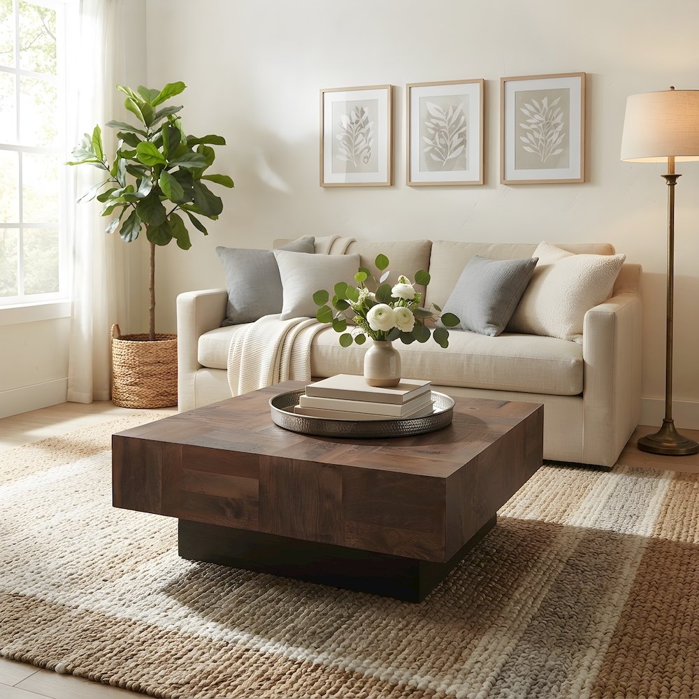 Solid Mango Wood Square Coffee Table for Living Room and Home Office