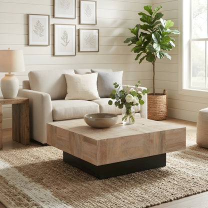 Solid Mango Wood Square Coffee Table with Clean Modern Lines for Living Room