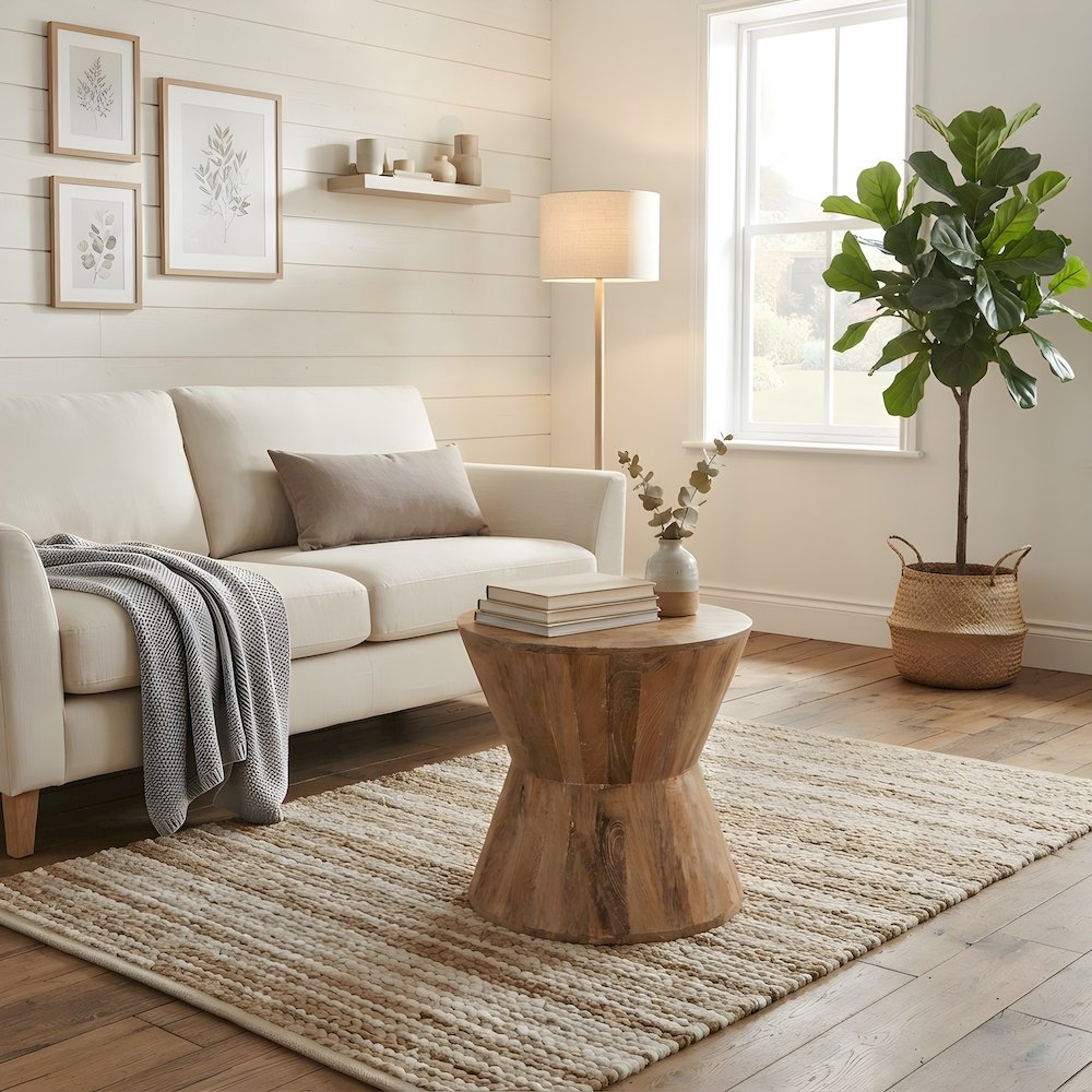 Solid Mango Wood Round Coffee Table with Hourglass Base, No Assembly