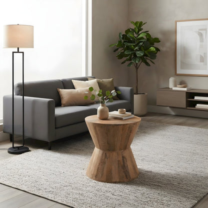 Solid Mango Wood Round Coffee Table with Hourglass Base, No Assembly