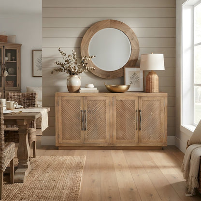 Solid Wood Sideboard with Carved Fluted Doors and Interior Shelves with Storage